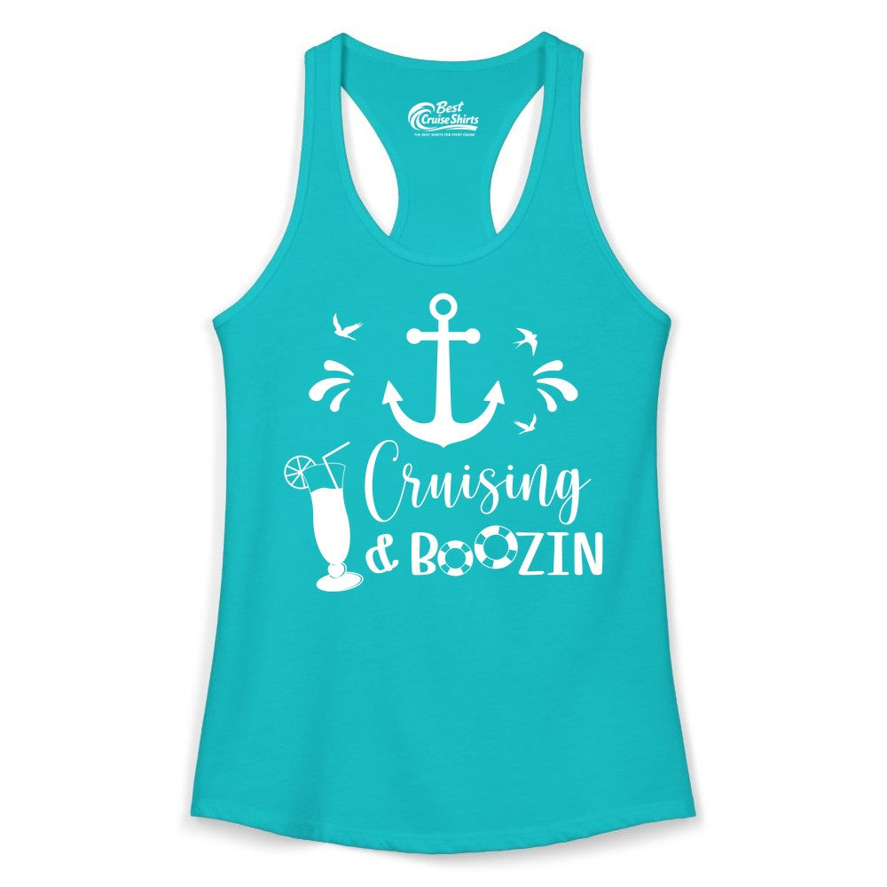 Cruise Drinking Shirt - Funny Nautical Booze Cruise Party Apparel (Ladies Tank) in Tahiti Blue - Cruising and Boozin Nautical Party Shirt with Anchor and Cocktail Art
