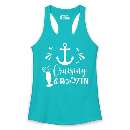 Cruise Drinking Shirt - Funny Nautical Booze Cruise Party Apparel (Ladies Tank) in Tahiti Blue - Cruising and Boozin Nautical Party Shirt with Anchor and Cocktail Art