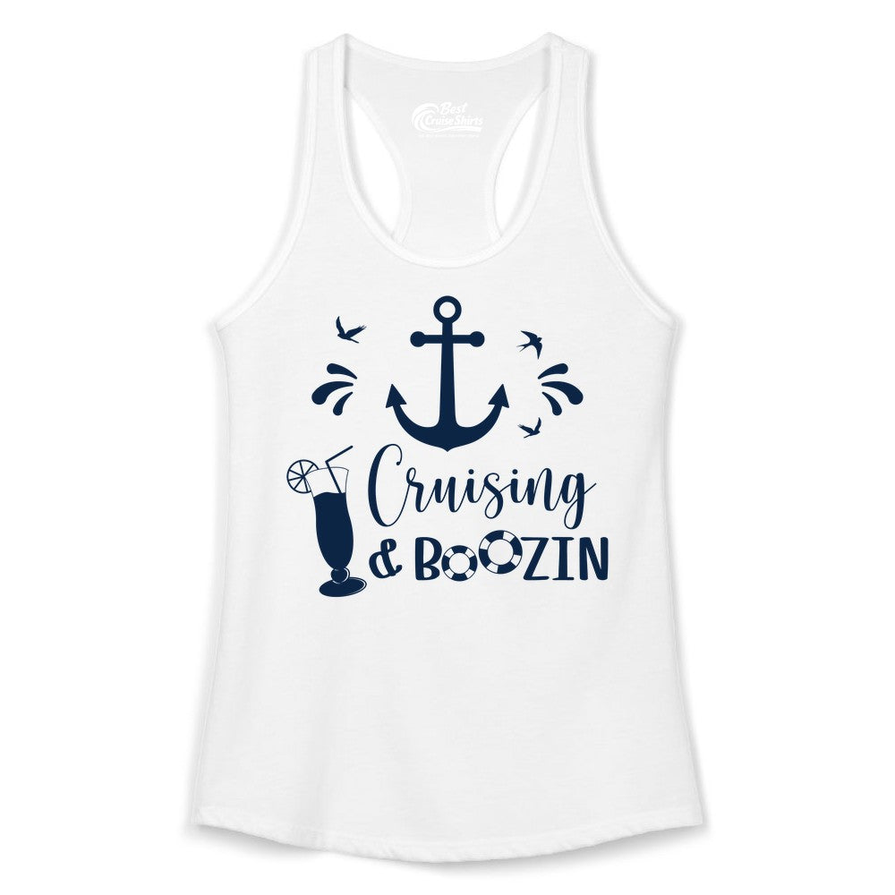 Cruise Drinking Shirt - Funny Nautical Booze Cruise Party Apparel (Ladies Tank) in White - Cruising and Boozin Nautical Party Shirt with Anchor and Cocktail Art