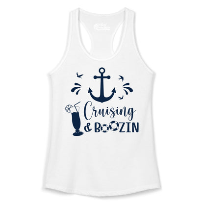 Cruise Drinking Shirt - Funny Nautical Booze Cruise Party Apparel (Ladies Tank) in White - Cruising and Boozin Nautical Party Shirt with Anchor and Cocktail Art