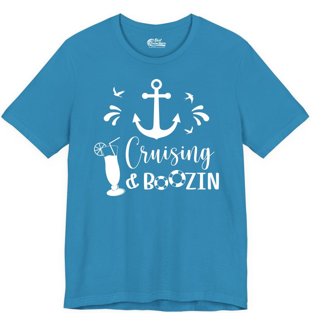 Cruise Drinking Shirt - Funny Nautical Booze Cruise Party Apparel (Premium Tee) in Aqua - Cruising and Boozin Nautical Party Shirt with Anchor and Cocktail Art