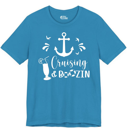 Cruise Drinking Shirt - Funny Nautical Booze Cruise Party Apparel (Premium Tee) in Aqua - Cruising and Boozin Nautical Party Shirt with Anchor and Cocktail Art