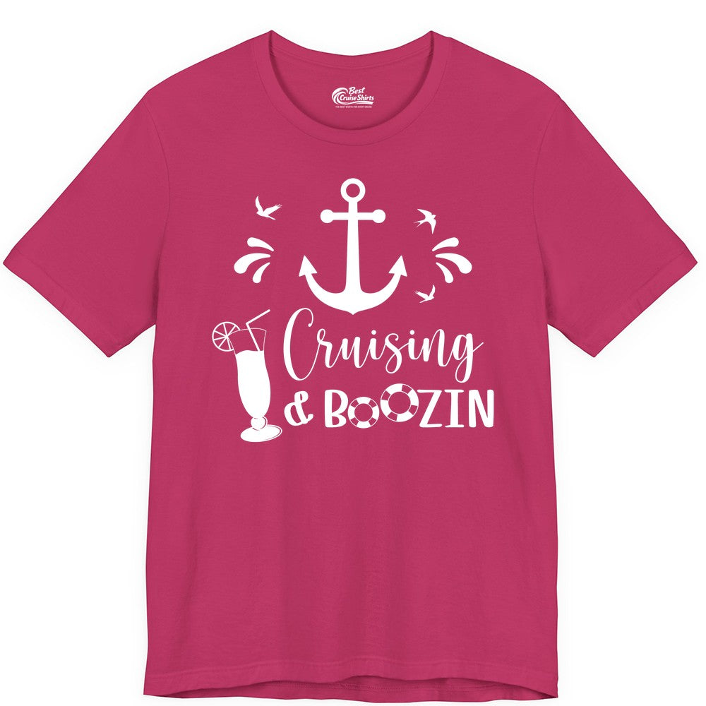 Cruise Drinking Shirt - Funny Nautical Booze Cruise Party Apparel (Premium Tee) in Berry - Cruising and Boozin Nautical Party Shirt with Anchor and Cocktail Art