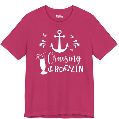 Cruise Drinking Shirt - Funny Nautical Booze Cruise Party Apparel (Premium Tee) in Berry - Cruising and Boozin Nautical Party Shirt with Anchor and Cocktail Art