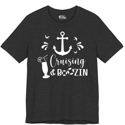 Cruise Drinking Shirt - Funny Nautical Booze Cruise Party Apparel (Premium Tee) in Dark Grey Heather - Cruising and Boozin Nautical Party Shirt with Anchor and Cocktail Art