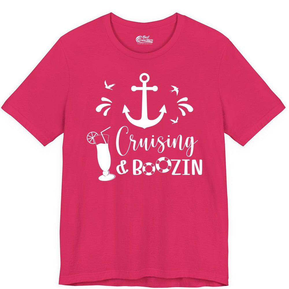 Cruise Drinking Shirt - Funny Nautical Booze Cruise Party Apparel (Premium Tee) in Fuchsia - Cruising and Boozin Nautical Party Shirt with Anchor and Cocktail Art