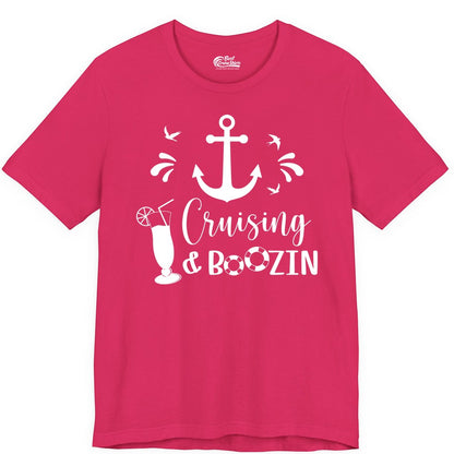 Cruise Drinking Shirt - Funny Nautical Booze Cruise Party Apparel (Premium Tee) in Fuchsia - Cruising and Boozin Nautical Party Shirt with Anchor and Cocktail Art