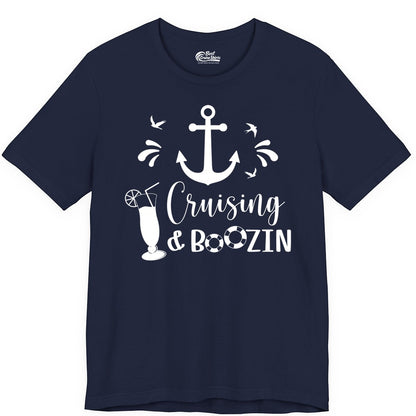 Cruise Drinking Shirt - Funny Nautical Booze Cruise Party Apparel (Premium Tee) in Navy - Cruising and Boozin Nautical Party Shirt with Anchor and Cocktail Art