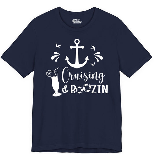 Cruise Drinking Shirt - Funny Nautical Booze Cruise Party Apparel (Premium Tee) in Navy - Cruising and Boozin Nautical Party Shirt with Anchor and Cocktail Art