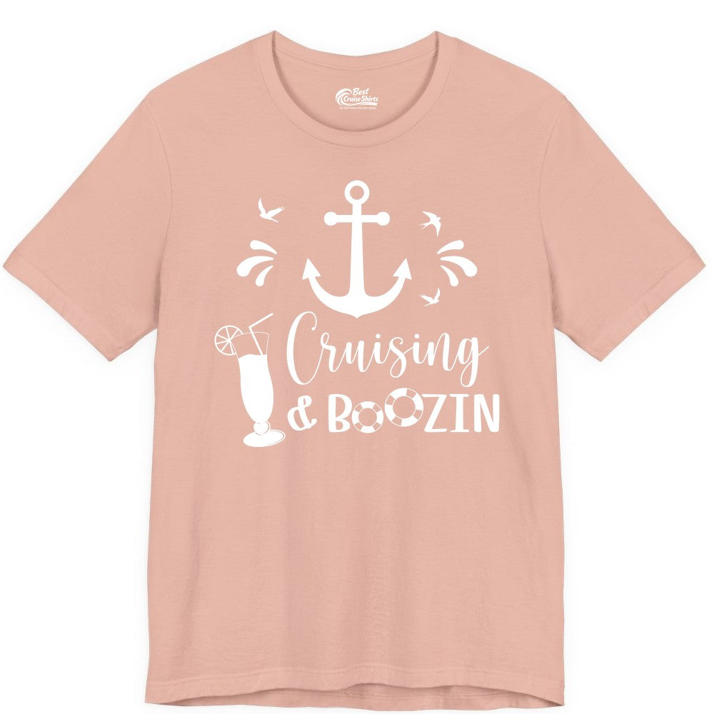 Cruise Drinking Shirt - Funny Nautical Booze Cruise Party Apparel (Premium Tee) in Peach - Cruising and Boozin Nautical Party Shirt with Anchor and Cocktail Art