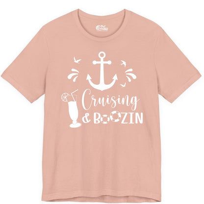 Cruise Drinking Shirt - Funny Nautical Booze Cruise Party Apparel (Premium Tee) in Peach - Cruising and Boozin Nautical Party Shirt with Anchor and Cocktail Art