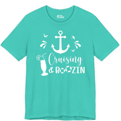 Cruise Drinking Shirt - Funny Nautical Booze Cruise Party Apparel (Premium Tee) in Teal - Cruising and Boozin Nautical Party Shirt with Anchor and Cocktail Art