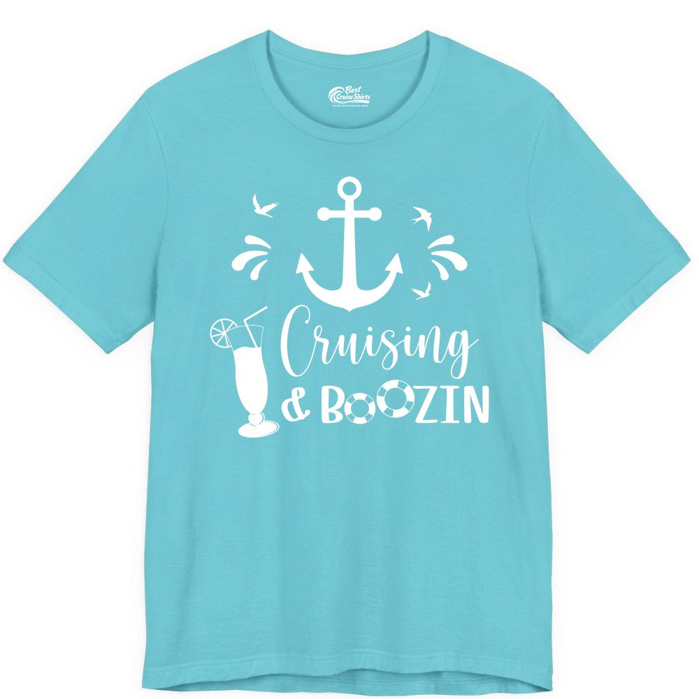 Cruise Drinking Shirt - Funny Nautical Booze Cruise Party Apparel (Premium Tee) in Turquoise - Cruising and Boozin Nautical Party Shirt with Anchor and Cocktail Art