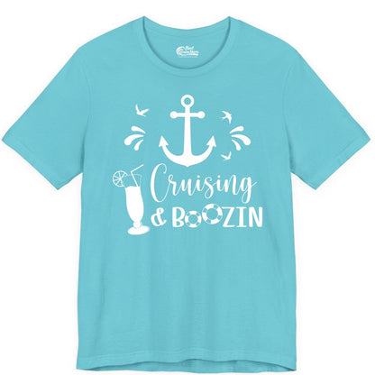Cruise Drinking Shirt - Funny Nautical Booze Cruise Party Apparel (Premium Tee) in Turquoise - Cruising and Boozin Nautical Party Shirt with Anchor and Cocktail Art