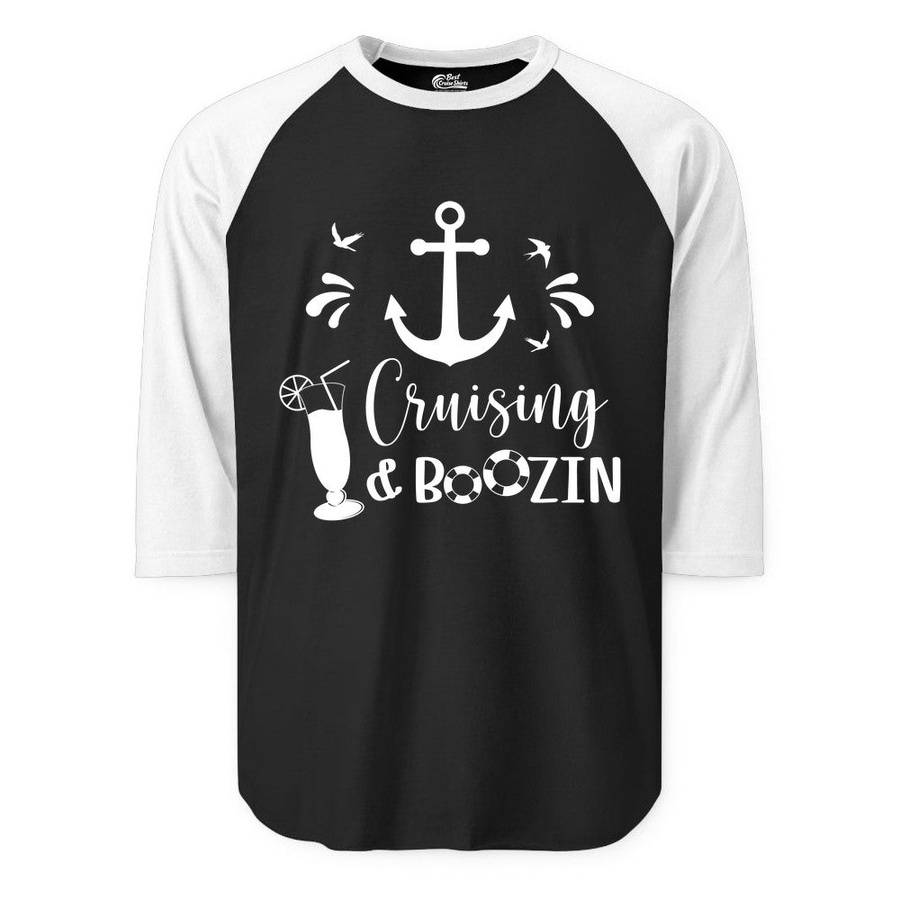 Cruise Drinking Shirt - Funny Nautical Booze Cruise Party Apparel (Raglan) in BlackWhite - Cruising and Boozin Nautical Party Shirt with Anchor and Cocktail Art