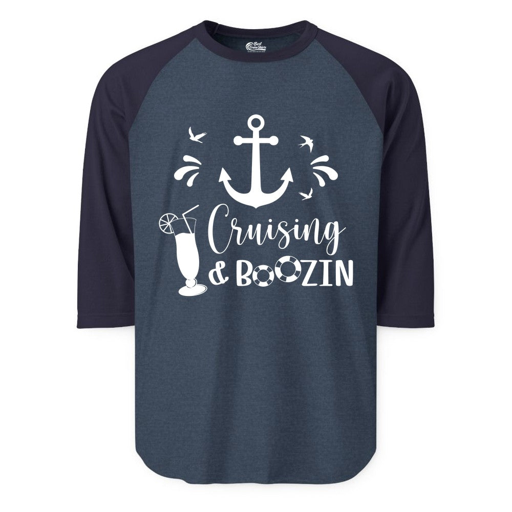 Cruise Drinking Shirt - Funny Nautical Booze Cruise Party Apparel (Raglan) in Heather DenimNavy - Cruising and Boozin Nautical Party Shirt with Anchor and Cocktail Art