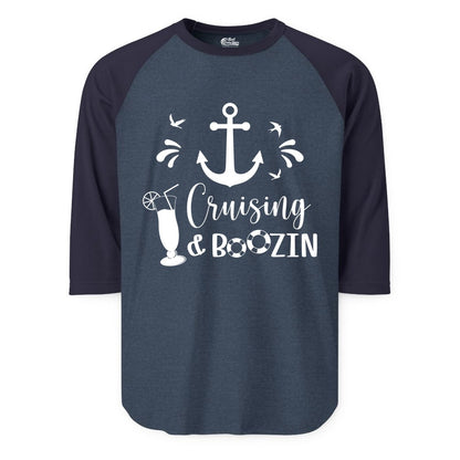 Cruise Drinking Shirt - Funny Nautical Booze Cruise Party Apparel (Raglan) in Heather DenimNavy - Cruising and Boozin Nautical Party Shirt with Anchor and Cocktail Art