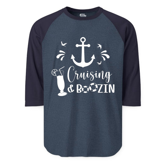 Cruise Drinking Shirt - Funny Nautical Booze Cruise Party Apparel (Raglan) in Heather DenimNavy - Cruising and Boozin Nautical Party Shirt with Anchor and Cocktail Art