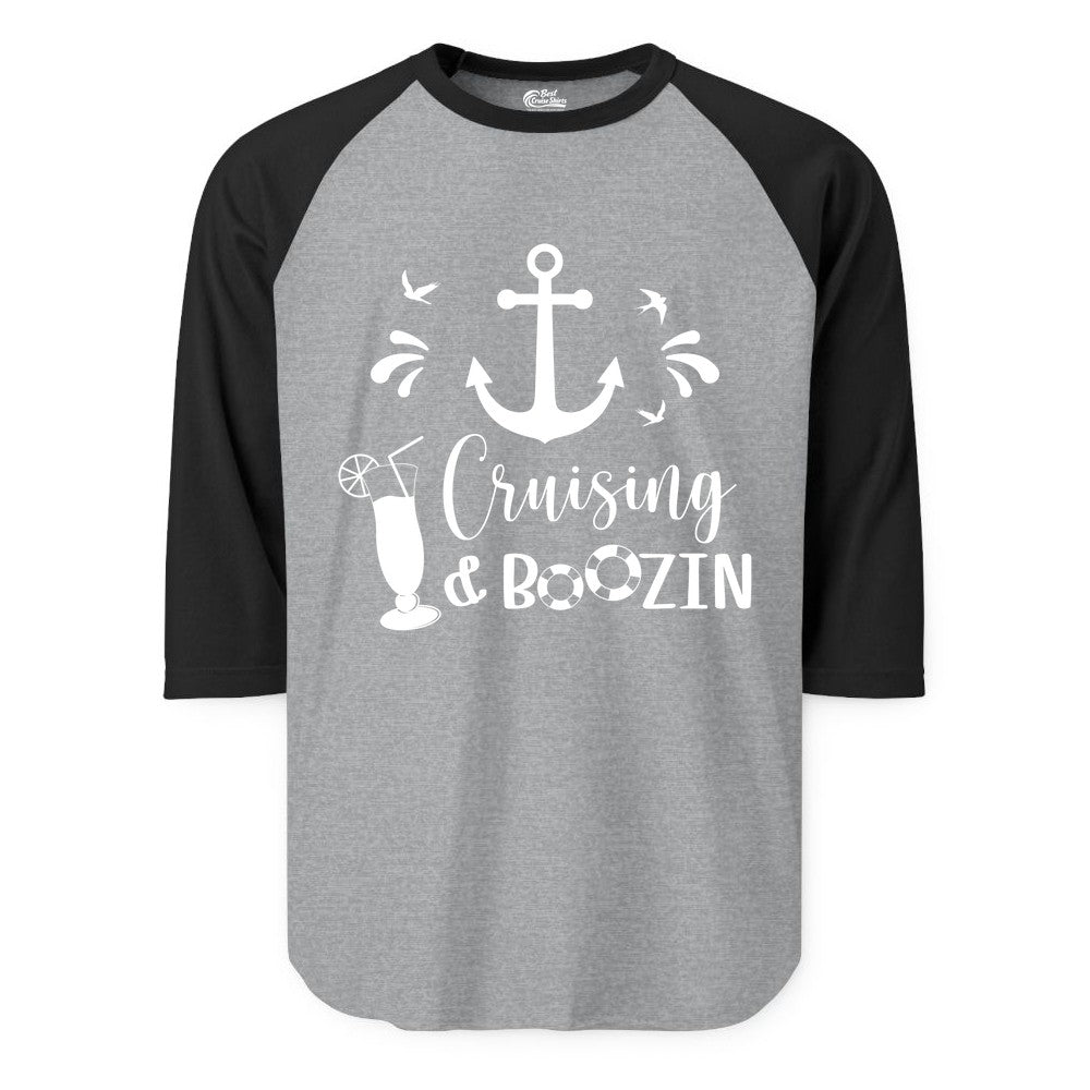 Cruise Drinking Shirt - Funny Nautical Booze Cruise Party Apparel (Raglan) in Heather GreyBlack - Cruising and Boozin Nautical Party Shirt with Anchor and Cocktail Art