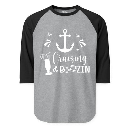 Cruise Drinking Shirt - Funny Nautical Booze Cruise Party Apparel (Raglan) in Heather GreyBlack - Cruising and Boozin Nautical Party Shirt with Anchor and Cocktail Art