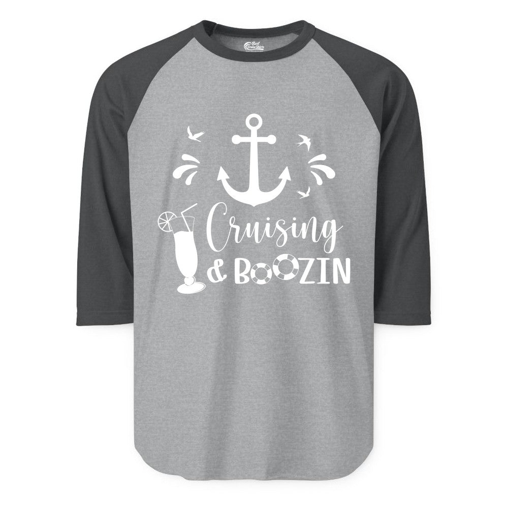 Cruise Drinking Shirt - Funny Nautical Booze Cruise Party Apparel (Raglan) in Heather GreyHeather Charcoal - Cruising and Boozin Nautical Party Shirt with Anchor and Cocktail Art