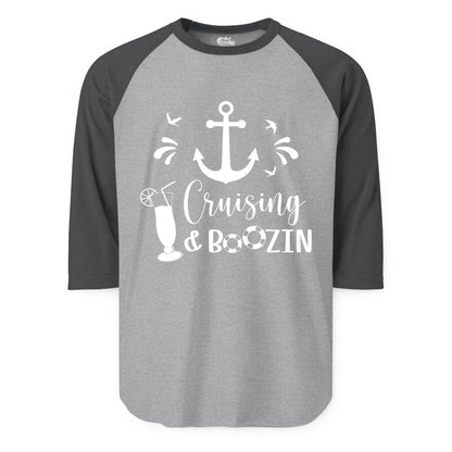 Cruise Drinking Shirt - Funny Nautical Booze Cruise Party Apparel (Raglan) in Heather GreyHeather Charcoal - Cruising and Boozin Nautical Party Shirt with Anchor and Cocktail Art