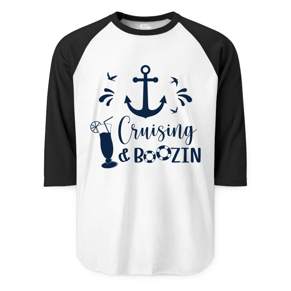 Cruise Drinking Shirt - Funny Nautical Booze Cruise Party Apparel (Raglan) in WhiteBlack - Cruising and Boozin Nautical Party Shirt with Anchor and Cocktail Art