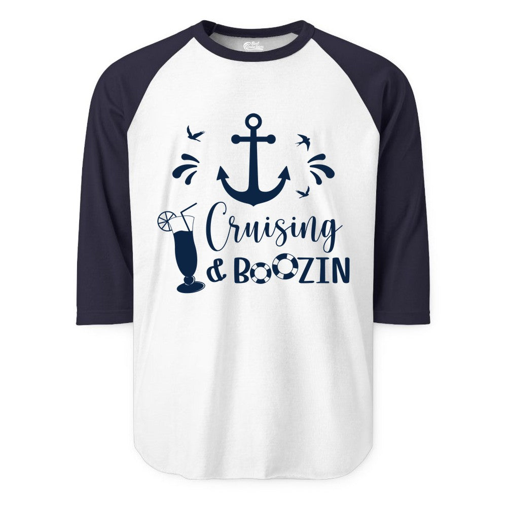 Cruise Drinking Shirt - Funny Nautical Booze Cruise Party Apparel (Raglan) in WhiteNavy - Cruising and Boozin Nautical Party Shirt with Anchor and Cocktail Art