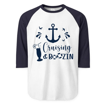 Cruise Drinking Shirt - Funny Nautical Booze Cruise Party Apparel (Raglan) in WhiteNavy - Cruising and Boozin Nautical Party Shirt with Anchor and Cocktail Art