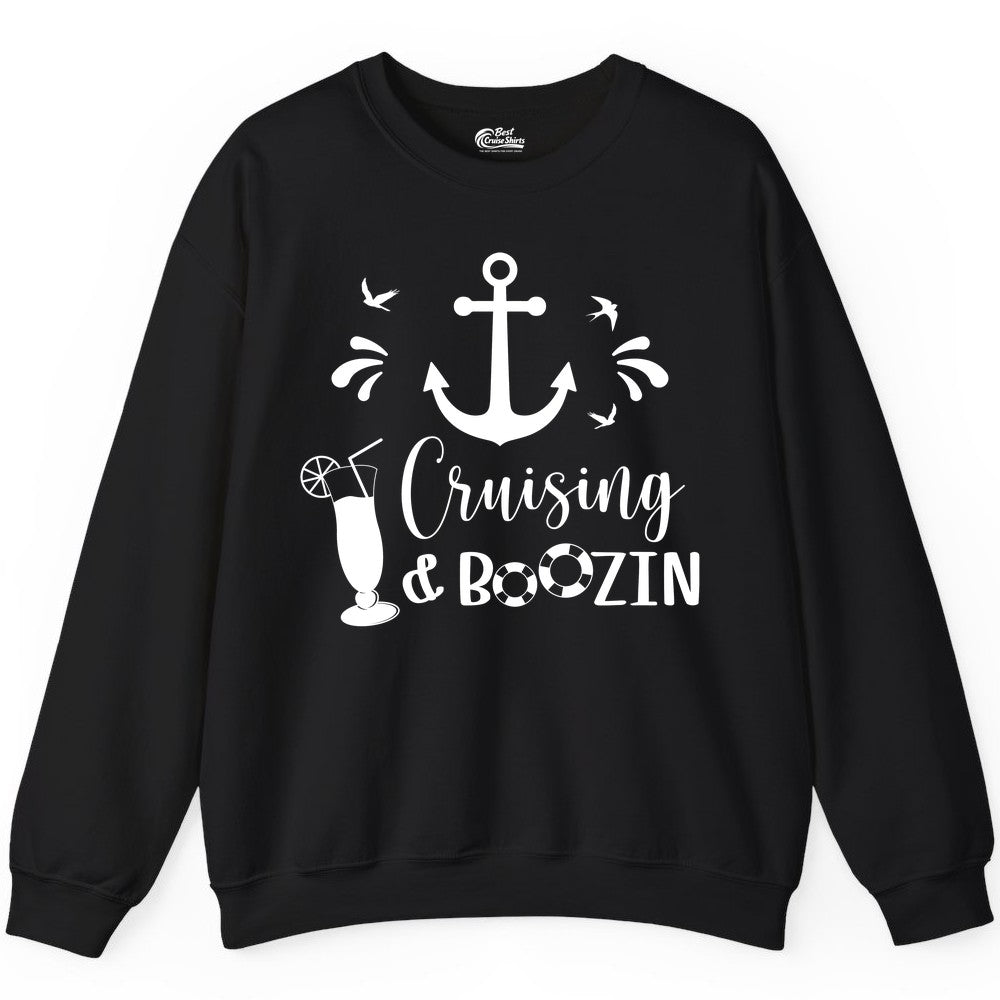 Cruise Drinking Shirt - Funny Nautical Booze Cruise Party Apparel (Sweatshirt) in Black - Cruising and Boozin Nautical Party Shirt with Anchor and Cocktail Art