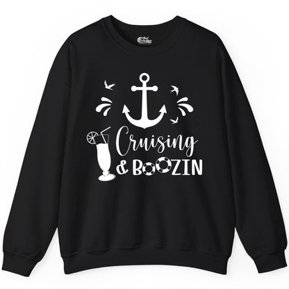 Cruise Drinking Shirt - Funny Nautical Booze Cruise Party Apparel (Sweatshirt) in Black - Cruising and Boozin Nautical Party Shirt with Anchor and Cocktail Art