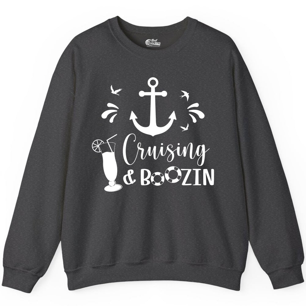 Cruise Drinking Shirt - Funny Nautical Booze Cruise Party Apparel (Sweatshirt) in Dark Heather - Cruising and Boozin Nautical Party Shirt with Anchor and Cocktail Art