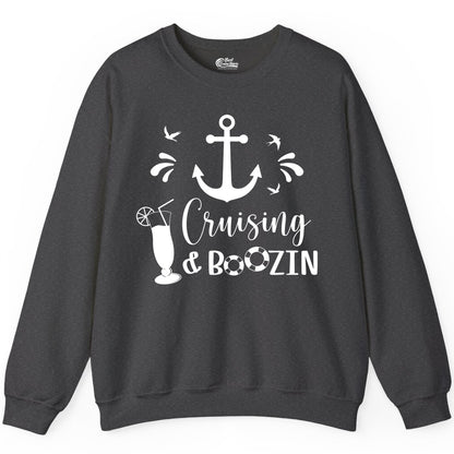 Cruise Drinking Shirt - Funny Nautical Booze Cruise Party Apparel (Sweatshirt) in Dark Heather - Cruising and Boozin Nautical Party Shirt with Anchor and Cocktail Art