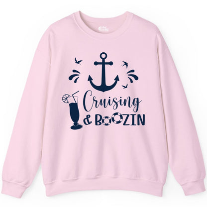 Cruise Drinking Shirt - Funny Nautical Booze Cruise Party Apparel (Sweatshirt) in Light Pink - Cruising and Boozin Nautical Party Shirt with Anchor and Cocktail Art