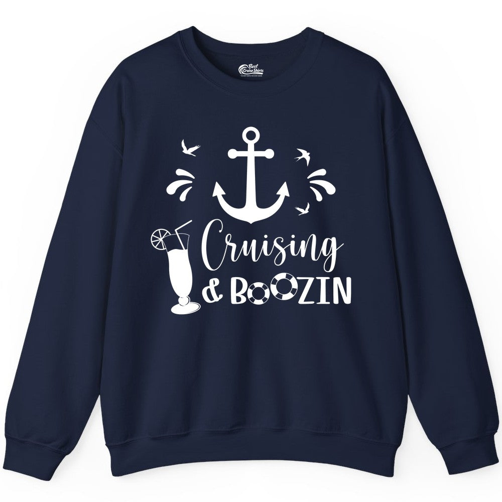 Cruise Drinking Shirt - Funny Nautical Booze Cruise Party Apparel (Sweatshirt) in Navy - Cruising and Boozin Nautical Party Shirt with Anchor and Cocktail Art