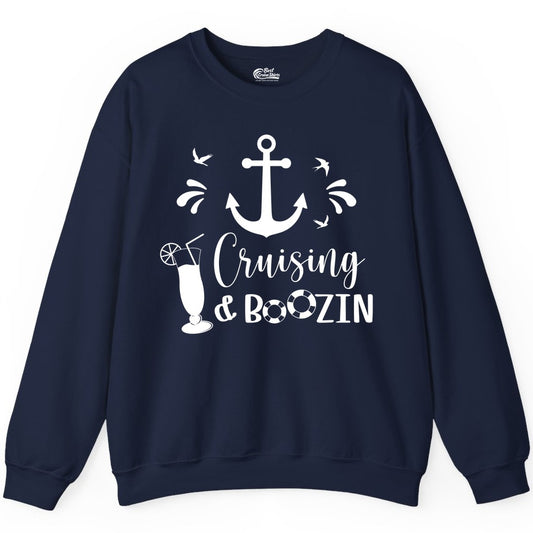 Cruise Drinking Shirt - Funny Nautical Booze Cruise Party Apparel (Sweatshirt) in Navy - Cruising and Boozin Nautical Party Shirt with Anchor and Cocktail Art