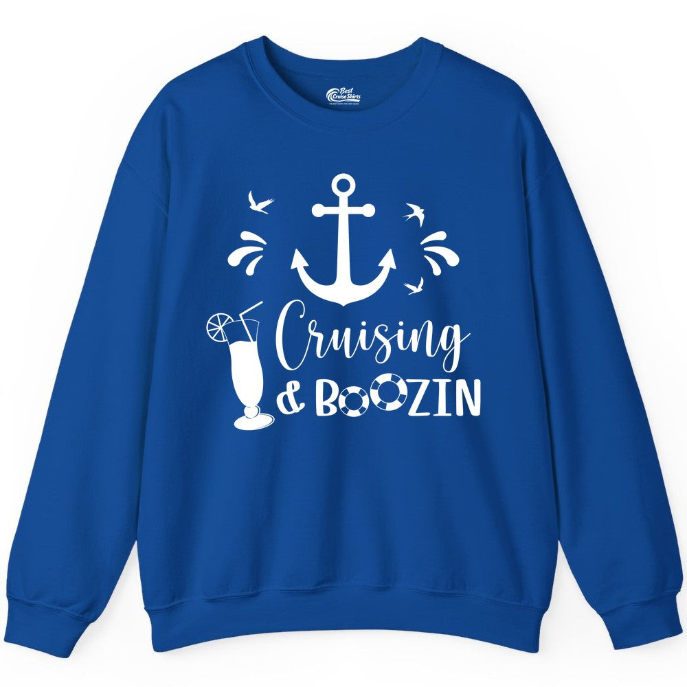 Cruise Drinking Shirt - Funny Nautical Booze Cruise Party Apparel (Sweatshirt) in Royal - Cruising and Boozin Nautical Party Shirt with Anchor and Cocktail Art