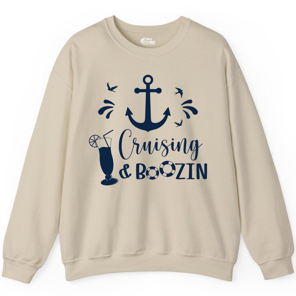Cruise Drinking Shirt - Funny Nautical Booze Cruise Party Apparel (Sweatshirt) in Sand - Cruising and Boozin Nautical Party Shirt with Anchor and Cocktail Art