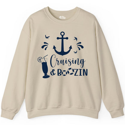 Cruise Drinking Shirt - Funny Nautical Booze Cruise Party Apparel (Sweatshirt) in Sand - Cruising and Boozin Nautical Party Shirt with Anchor and Cocktail Art