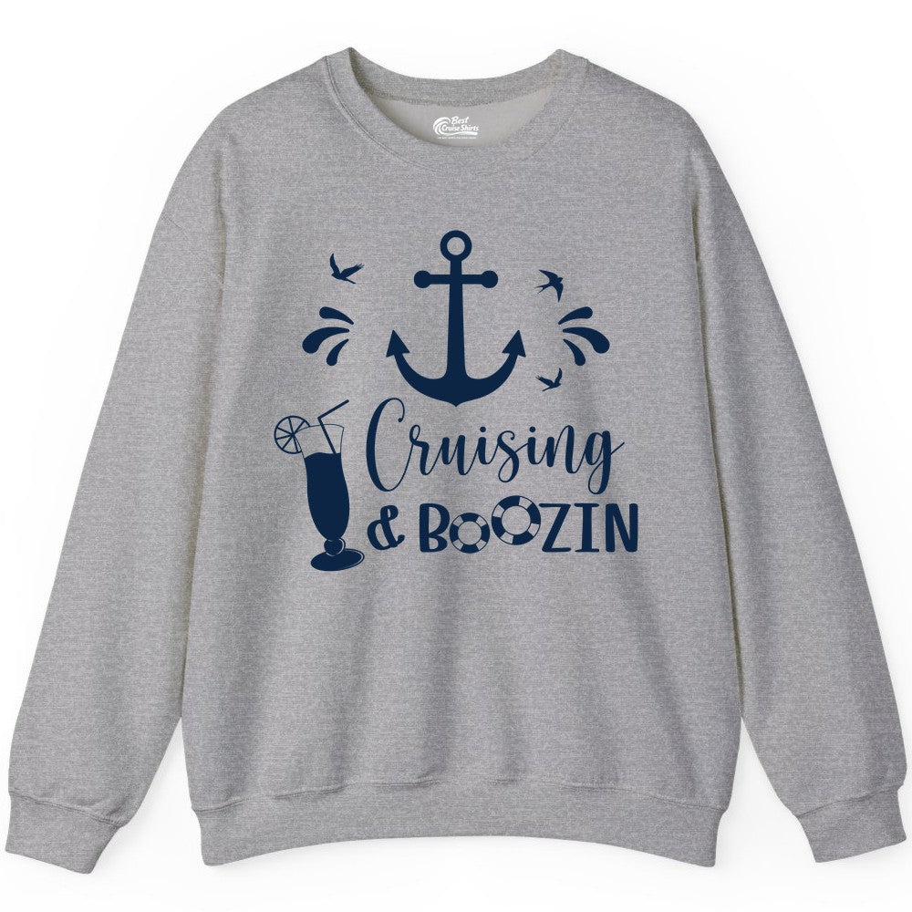 Cruise Drinking Shirt - Funny Nautical Booze Cruise Party Apparel (Sweatshirt) in Sport Grey - Cruising and Boozin Nautical Party Shirt with Anchor and Cocktail Art