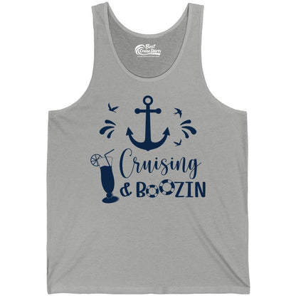 Cruise Drinking Shirt - Funny Nautical Booze Cruise Party Apparel (Tank Top) in Athletic Heather - Cruising and Boozin Nautical Party Shirt with Anchor and Cocktail Art