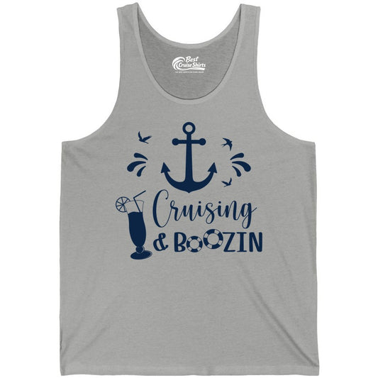 Cruise Drinking Shirt - Funny Nautical Booze Cruise Party Apparel (Tank Top) in Athletic Heather - Cruising and Boozin Nautical Party Shirt with Anchor and Cocktail Art