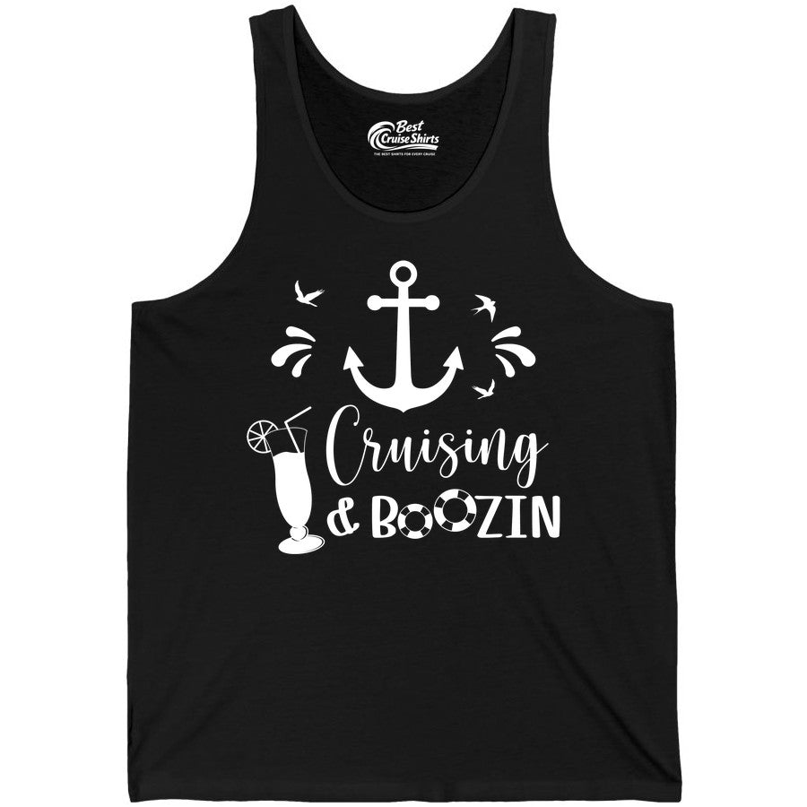 Cruise Drinking Shirt - Funny Nautical Booze Cruise Party Apparel (Tank Top) in Black - Cruising and Boozin Nautical Party Shirt with Anchor and Cocktail Art