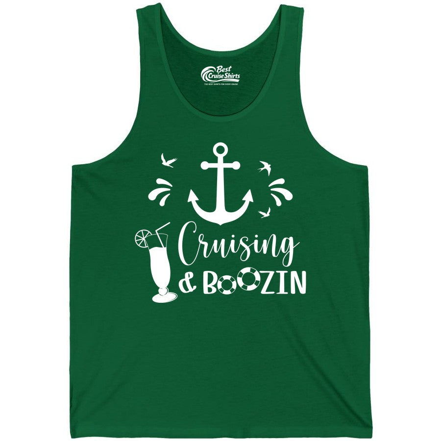 Cruise Drinking Shirt - Funny Nautical Booze Cruise Party Apparel (Tank Top) in Kelly - Cruising and Boozin Nautical Party Shirt with Anchor and Cocktail Art