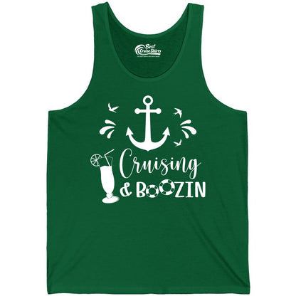 Cruise Drinking Shirt - Funny Nautical Booze Cruise Party Apparel (Tank Top) in Kelly - Cruising and Boozin Nautical Party Shirt with Anchor and Cocktail Art