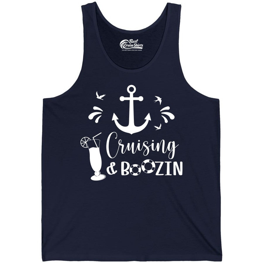 Cruise Drinking Shirt - Funny Nautical Booze Cruise Party Apparel (Tank Top) in Navy - Cruising and Boozin Nautical Party Shirt with Anchor and Cocktail Art