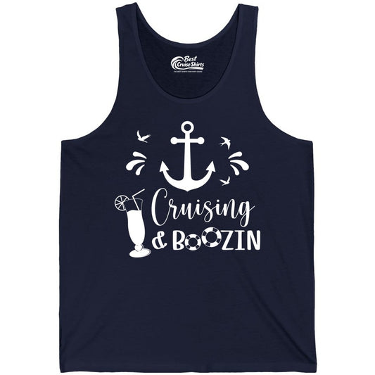 Cruise Drinking Shirt - Funny Nautical Booze Cruise Party Apparel (Tank Top) in Navy - Cruising and Boozin Nautical Party Shirt with Anchor and Cocktail Art