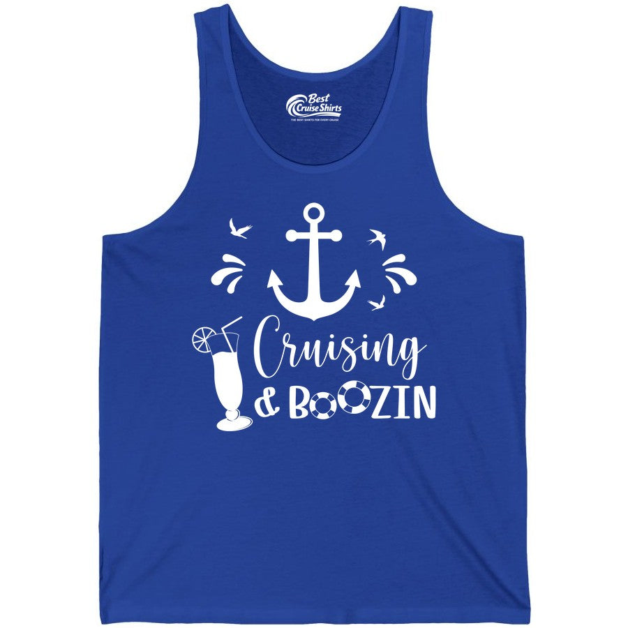 Cruise Drinking Shirt - Funny Nautical Booze Cruise Party Apparel (Tank Top) in True Royal - Cruising and Boozin Nautical Party Shirt with Anchor and Cocktail Art