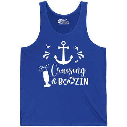 Cruise Drinking Shirt - Funny Nautical Booze Cruise Party Apparel (Tank Top) in True Royal - Cruising and Boozin Nautical Party Shirt with Anchor and Cocktail Art