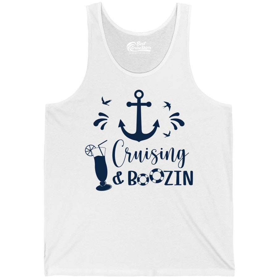 Cruise Drinking Shirt - Funny Nautical Booze Cruise Party Apparel (Tank Top) in White - Cruising and Boozin Nautical Party Shirt with Anchor and Cocktail Art